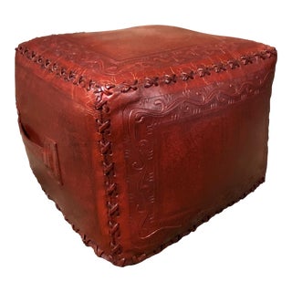 Burgundy/Red Leather Tooled Ottoman, Hassock For Sale