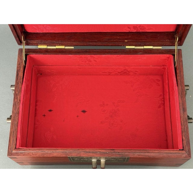 Chinese Asian Wooden Jewelry Box Brass Red Lined Trinket Chest W/Key + Lock Vintage For Sale - Image 17 of 18