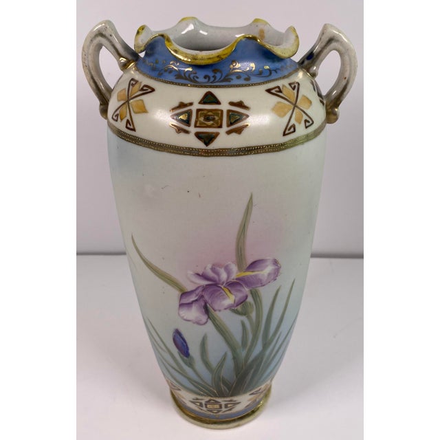 Antique Japanese Hand-Painted Porcelain Vase With Birds & Iris Flowers, Jeweled Gilt Decoration For Sale - Image 11 of 14