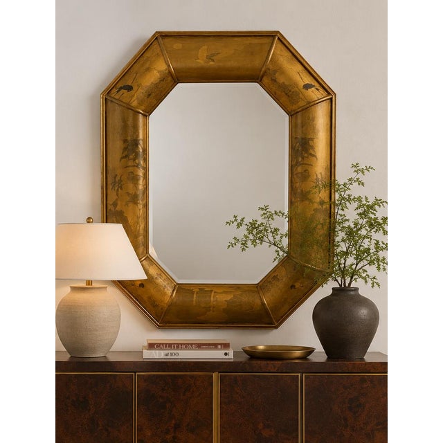 Chinoiserie Large Vintage Chinoiserie Asian Gilt Octagonal Beveled Wall Mirror | Designer Scale | 50.5"h For Sale - Image 3 of 14