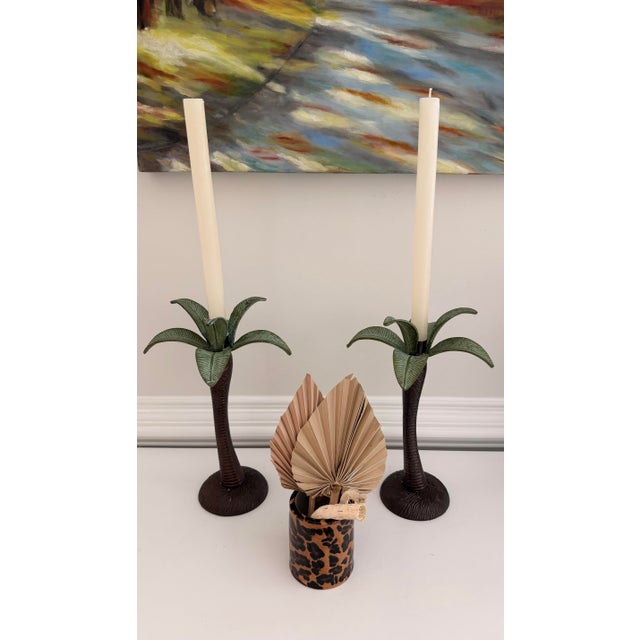 Vintage Cast Metal Palm Tree Taper Candle Holders – Pair | Tropical Coastal Hollywood Regency For Sale In Charleston - Image 6 of 6