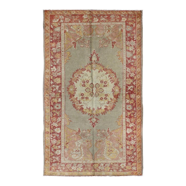 Turkish Oushak Vintage Rug With Floral Medallion Design in Red and Light Blue For Sale