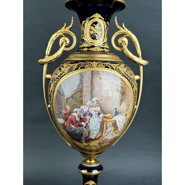 Pair of Sevres Ormolu Mounted Cobalt Ground Porcelain Vases For Sale In Los Angeles - Image 6 of 9