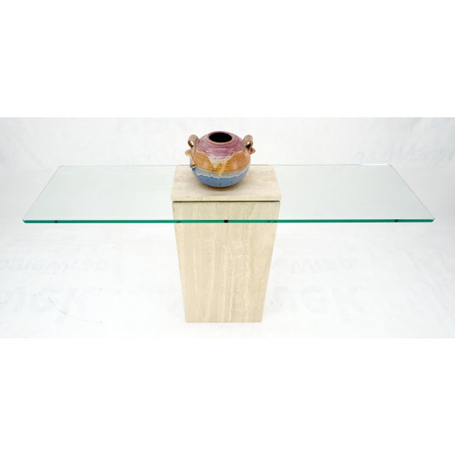 Rectangle Travertine Stone Base Glass Top Italian Console Sofa Table MINT! For Sale - Image 15 of 17
