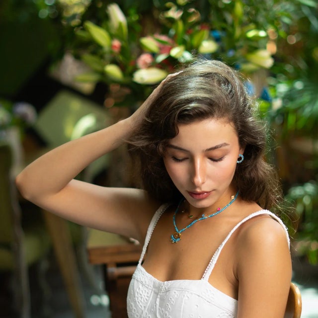 Metal Turquoise Beaded Chain Evil Eye Topaz Gold Necklace For Sale - Image 7 of 11