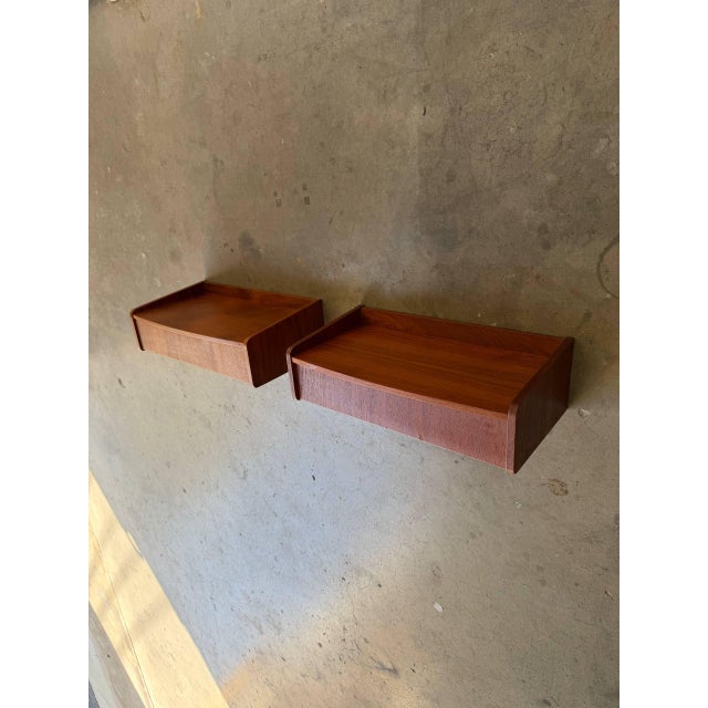 Wood 1960s Mid Century Danish Teak Floating Nightstands Wall Mounted Shelves, A Pair For Sale - Image 7 of 10