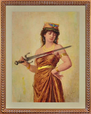Charles Bellay, Salome with Bloodied Sword, 1860s, Watercolor on Paper, Framed