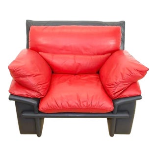 1980s Red and Black Leather Down-Filled Lounge Chair | Made in Italy For Sale