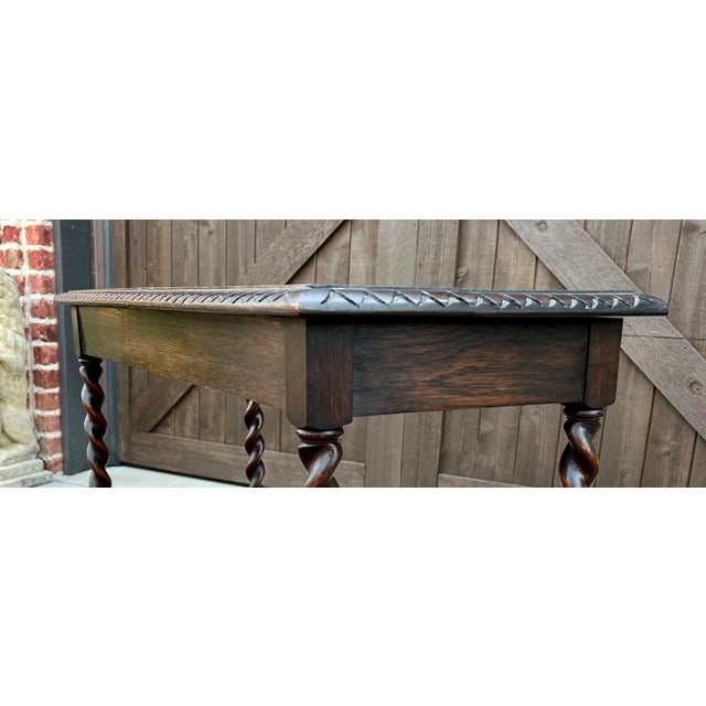 Antique English Barley Twist Sofa Entry Table Oak Carved Beveled Edge