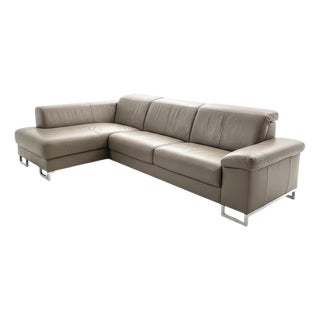 Large Taupe Leather Corner Sofa For Sale