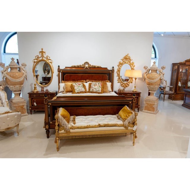 Italian Empire Style Bed With Burl Wood Panels and Brass Accents For Sale - Image 4 of 4