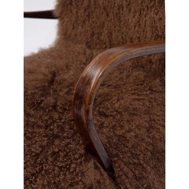 Art Deco Scandinavian Armchairs in Curly Caramel Brown Mongolian Sheepskin, 1950s, Set of 2 For Sale - Image 6 of 11
