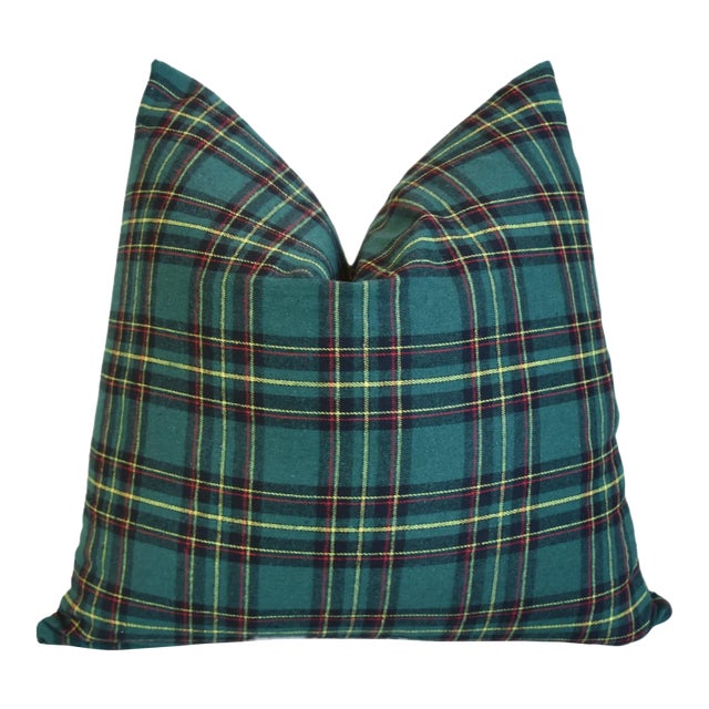 Green Woven English Plaid Tartan Feather/Down Pillow 20” Square For Sale