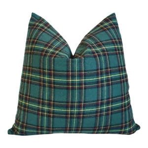 Green Woven English Plaid Tartan Feather/Down Pillow 20” Square