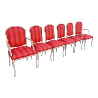 Vintage Faux Bois and Burnt Orange Upholstered Dining Chairs in White Washed Carved Wood - Set of 6 For Sale