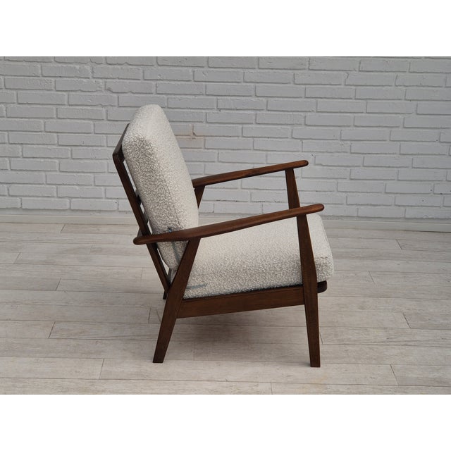 1960s, Danish armchair. Refurbished in quality white/grey furniture fabric. Brand new back cushion, springs in seat...