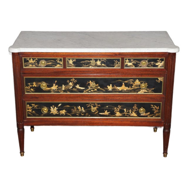 1940s Signed Maison Jansen Brass Mounted Chinoiserie Marble Top Louis XVI Commode For Sale