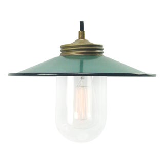 Vintage Petrol Enamel, Brass, and Glass Pendant Light For Sale