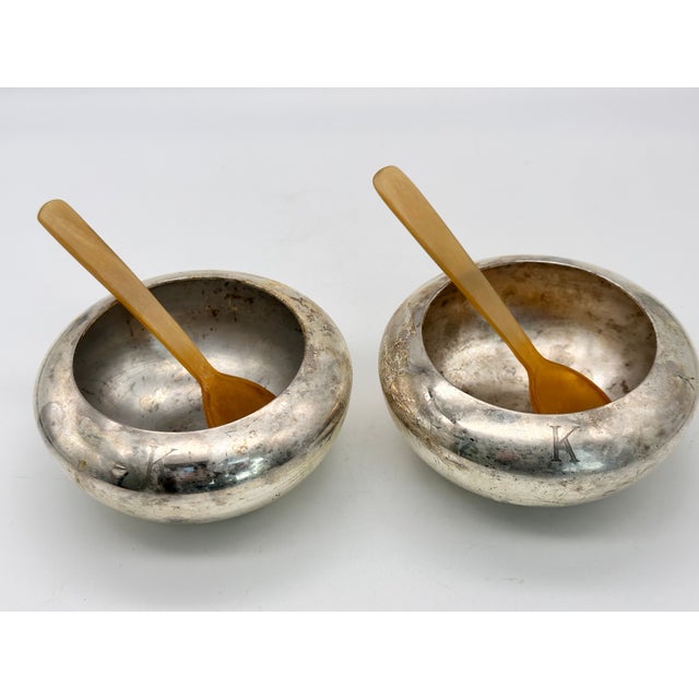 Made in Spain, these matching vintage sugar bowls have the letter "K" engraved on each one. Both bowls come with a carved...