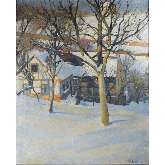 Rustic European Antique 1902 Continental School Winter Snow Scene Painting For Sale - Image 3 of 8
