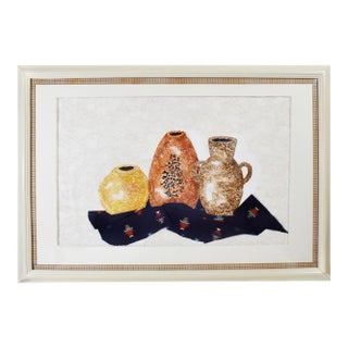 Late 20th Century Still Life Pottery Urn Vase Painting and Fabric Collage With Frame For Sale