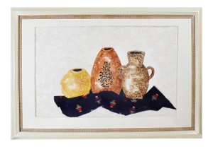 Late 20th Century Still Life Pottery Urn Vase Painting and Fabric Collage With Frame