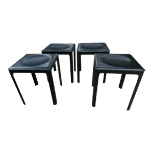 1970s Set of 4 Vintage Mateo Grassy Black Leather Stools, Italy