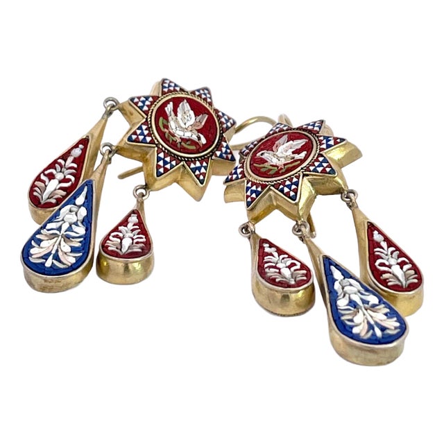 Antique 1880's Micro Mosaic Drop Earrings - 2 Pieces For Sale