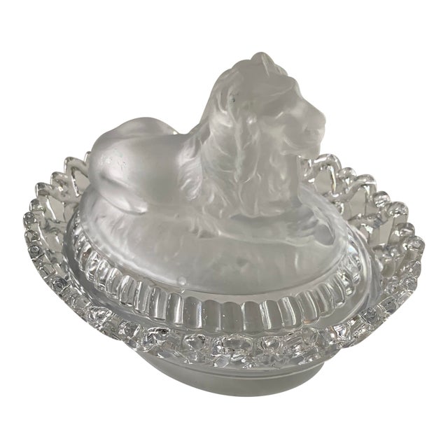 Vintage 1889 Imperial Glass Satin Frosted Lion Candy Dish, Atterbury