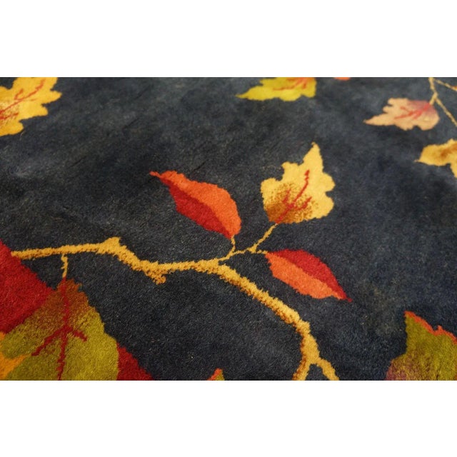 Lovely Navy Blue Background and Yellow Gold Border Color With Floral Design Antique Chinese Art Deco Rug For Sale - Image 10 of 12