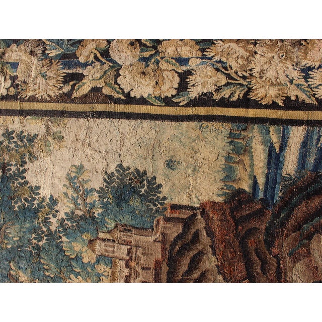 Green Antique 17th Century Scenic Tapestry Surrounded by Floral Border For Sale - Image 8 of 16
