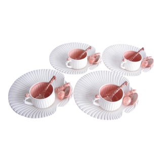 1970s Fitz and Floyd Oceana Hand-Painted Ceramic Shell Snack Plates, Cups, Spoons - Set of 12 For Sale