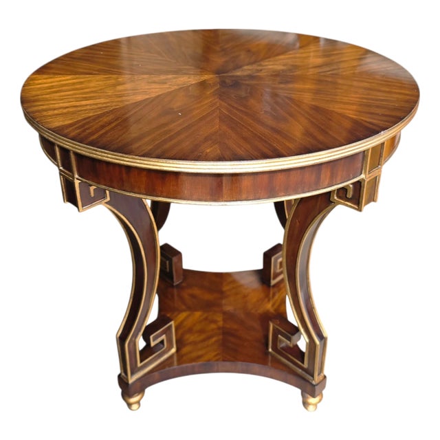 Ethan Allen Empire Revival Mahogany Round Center Table With Greek Key Inlay and Brass Banding For Sale