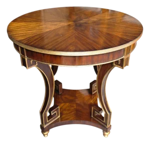 Ethan Allen Empire Revival Mahogany Round Center Table With Greek Key Inlay and Brass Banding