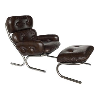 1970s Thayer Coggin Chrome & Leather Lounge Chair With Ottoman - 2 Pieces For Sale
