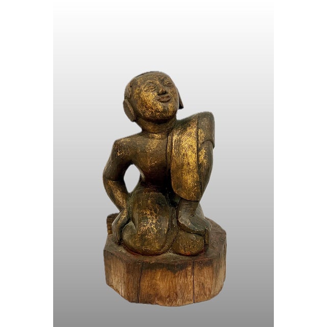 Late 19th Century Antique Wood Hand Carved Burmese Monk Figure With Gilding For Sale In Tampa - Image 6 of 12
