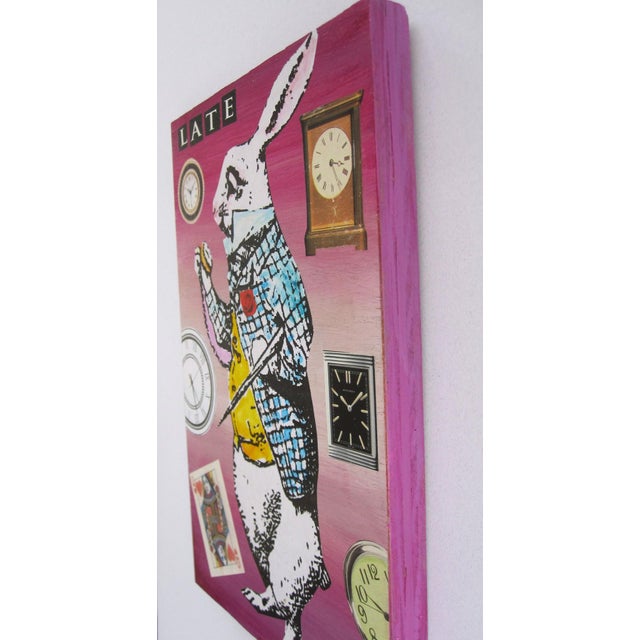 Pop Art I'm Late by Zoa Ace | Mixed-Media Collage on Wood of a rabbit with clocks and playing cards For Sale - Image 3 of 3