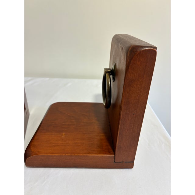 Vintage Wood Bookends With Brass Ring Pull Hardware, Pair For Sale - Image 4 of 8