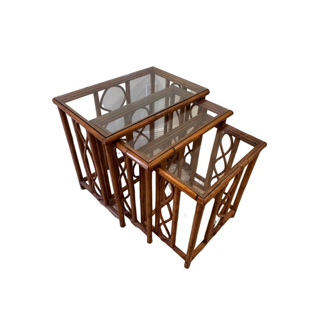 Vintage Burnt Bamboo Rattan Nesting Tables With Glass Tops, Set of 3, C. 1970s For Sale - Image 4 of 17