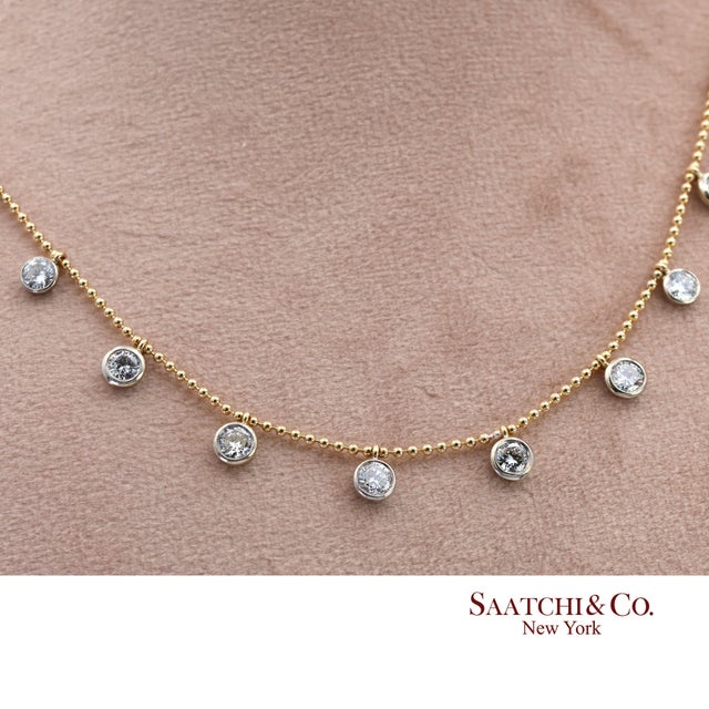 14k(585) Yellow & White Gold Natural Diamond Graduated Drop by the Yard Necklace For Sale - Image 9 of 12