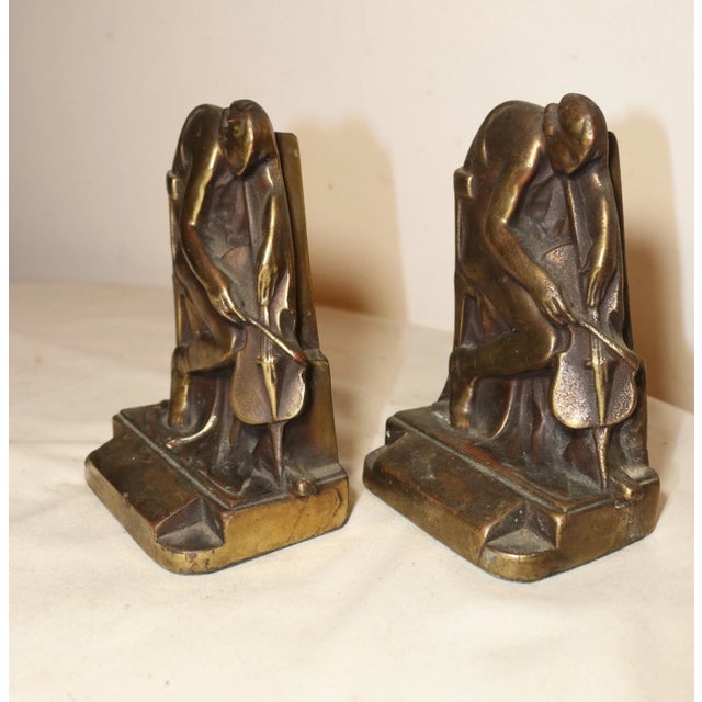 Metal Pair of Antique 1800s Figural Pompeian Bronze Clad Cellist Cello Player Bookends For Sale - Image 7 of 10