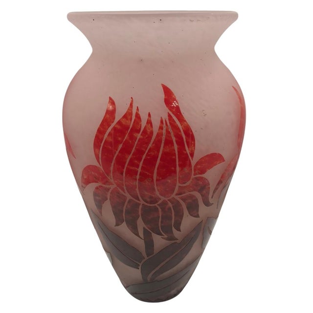 Large Degué French Art Deco Acid-Etched Cameo Glass Vase With Ruby Red Floral Overlay, Circa 1925 For Sale - Image 6 of 10