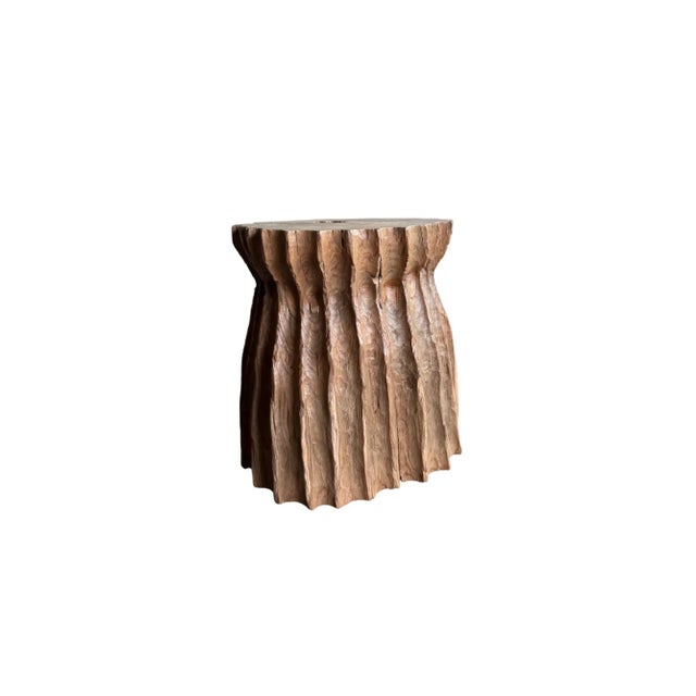 Contemporary Sculptural Teak Wood Side Table Organic Fluted Form With Hand-Carved Texture For Sale - Image 3 of 7