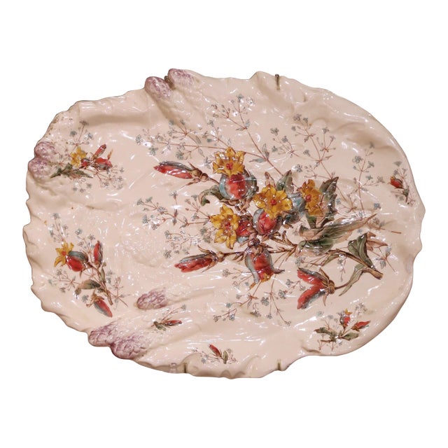 19th Century French Luneville “Campanule” Barbotine Floral Platter, Circa 1890 For Sale