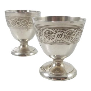 1910s French Christofle Pair of Egg Cups | Silver Plate | Napoleon III Style Frieze For Sale