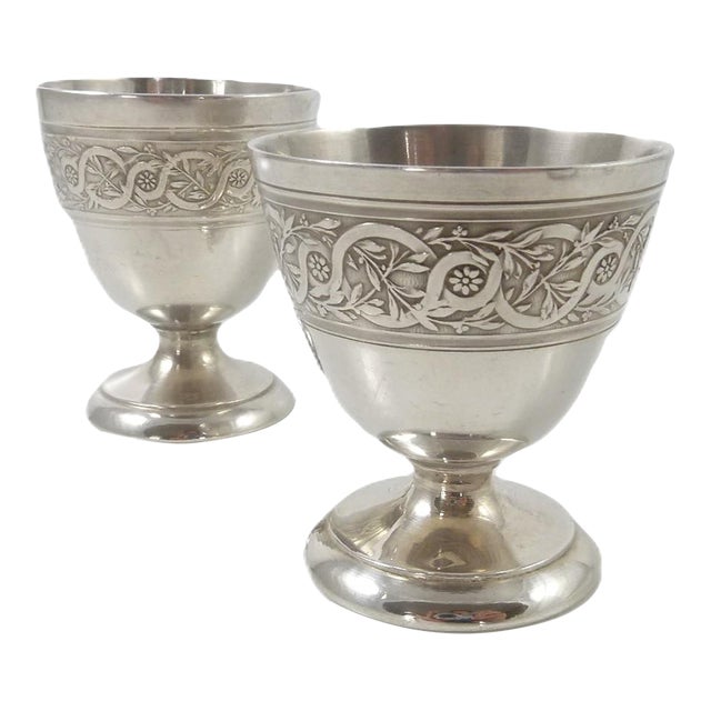 1910s French Christofle Pair of Egg Cups | Silver Plate | Napoleon III Style Frieze For Sale
