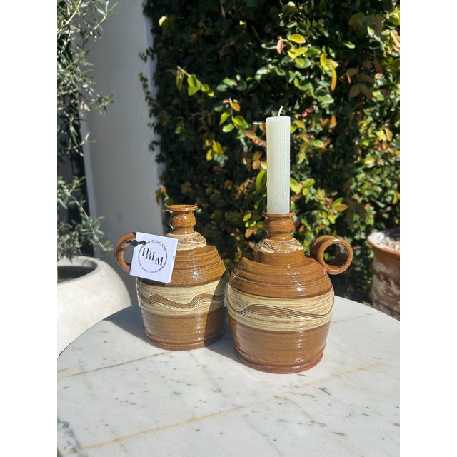 Ceramic Pair of Vintage Signed Studio Pottery Candlesticks With Handles For Sale - Image 7 of 13