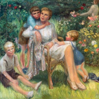 1960s Impressionist Oil Painting: Listed Maine Artist Emily Muir (1904–2003) Large Figural Garden Scene With Mother and Children, Oil on Canvas For Sale