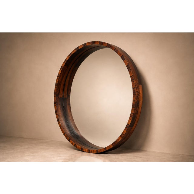 Brown Monumental Brazilian Modern Round Mirror in Rosewood, 1960s For Sale - Image 8 of 15
