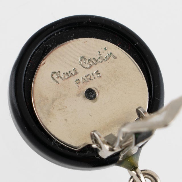 Pierre Cardin Pierre Cardin Jeweled Dangle Clip Earrings Black and Green Resin For Sale - Image 4 of 8